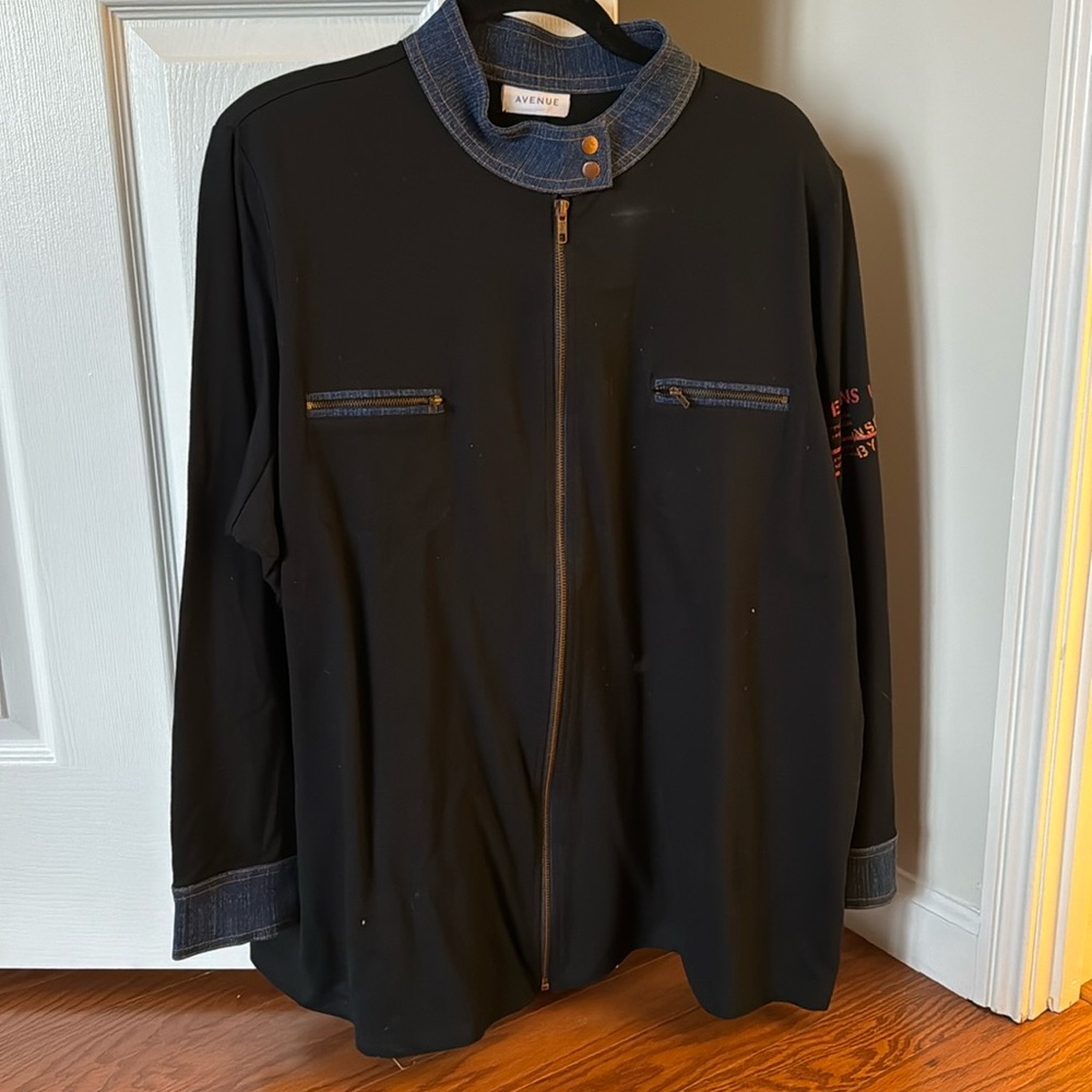 Black zipper sweater with denim detailing